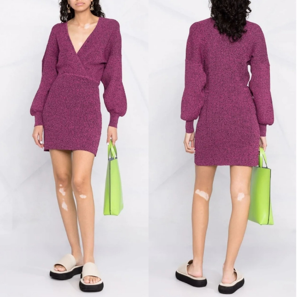 NWOT Ganni Melange Knit Dress V Neck Mini Pink Extra Small